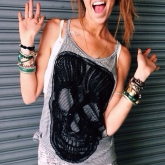 Emma and Sam Tops - Emma and Sam striped tank with lace skull - S
